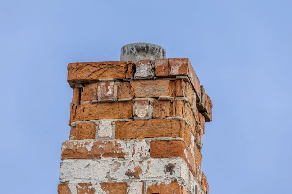 A detailed view of an aged brick chimney with weathered texture, set against a clear blue sky in Hungary.